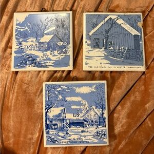 Set of 3 Currier & Ives Trivet Kitchen Tiles Blue and White
